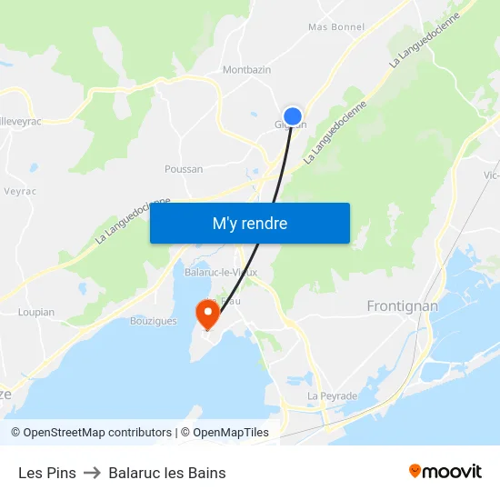 Les Pins to Balaruc les Bains map