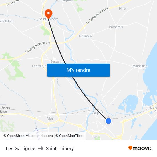 Les Garrigues to Saint Thibéry map