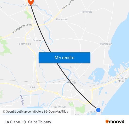 La Clape to Saint Thibéry map