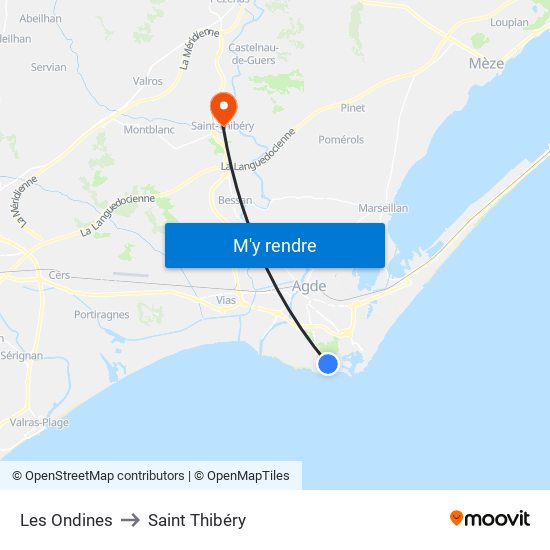 Les Ondines to Saint Thibéry map