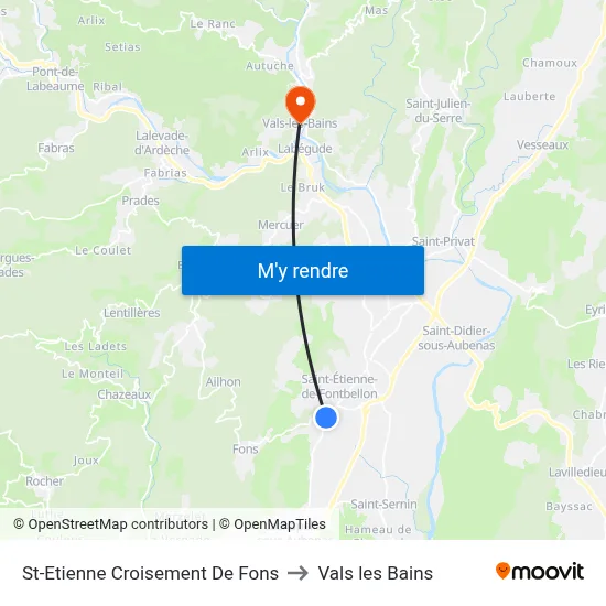 St-Etienne Croisement De Fons to Vals les Bains map