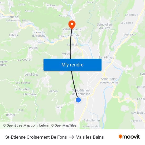 St-Etienne Croisement De Fons to Vals les Bains map