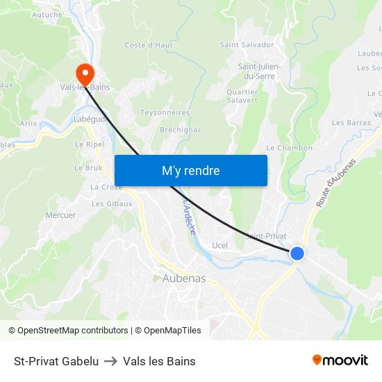 St-Privat Gabelu to Vals les Bains map