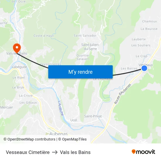 Vesseaux Cimetière to Vals les Bains map