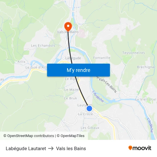 Labégude Lautaret to Vals les Bains map