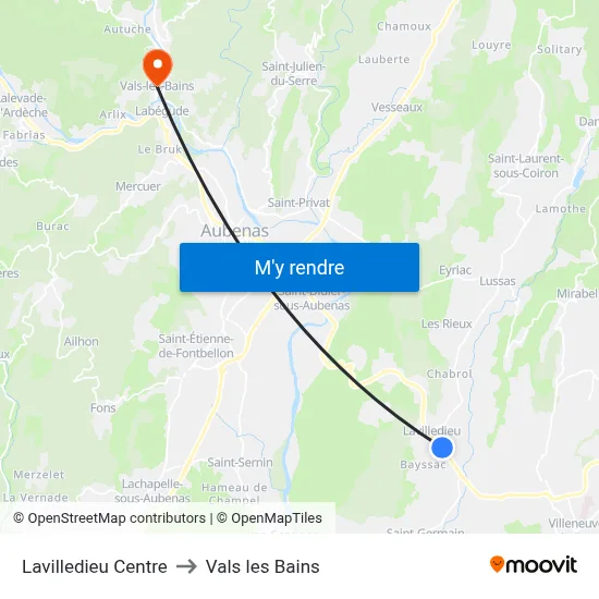 Lavilledieu Centre to Vals les Bains map