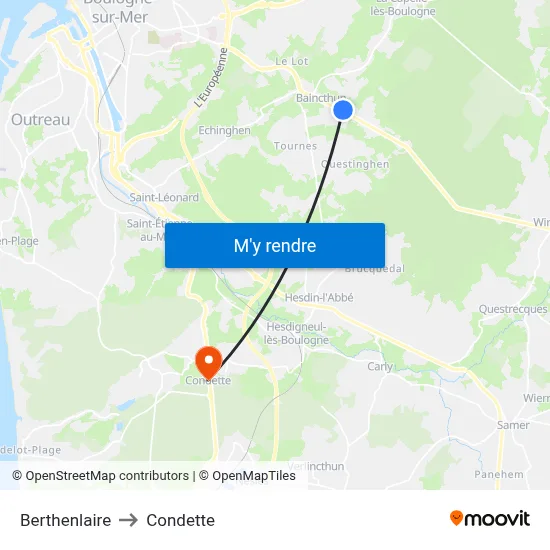 Berthenlaire to Condette map