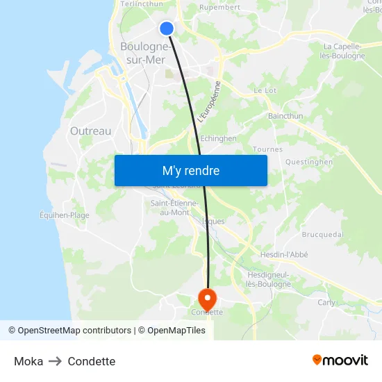 Moka to Condette map