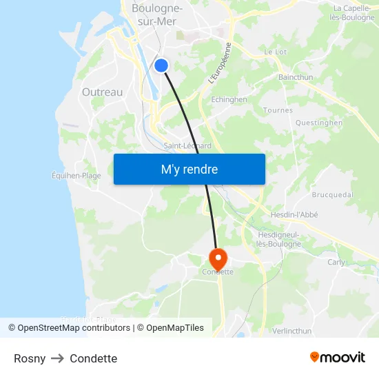 Rosny to Condette map