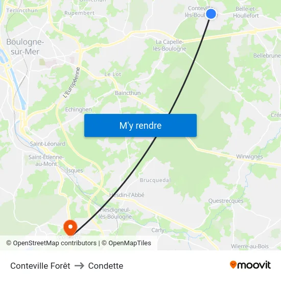 Conteville Forêt to Condette map