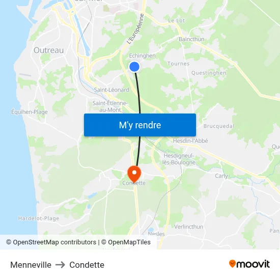 Menneville to Condette map