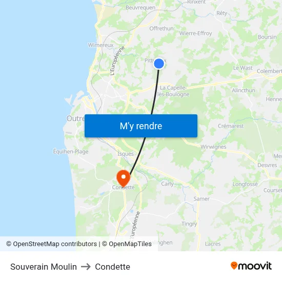 Souverain Moulin to Condette map