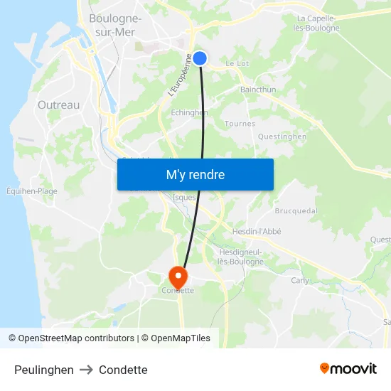Peulinghen to Condette map