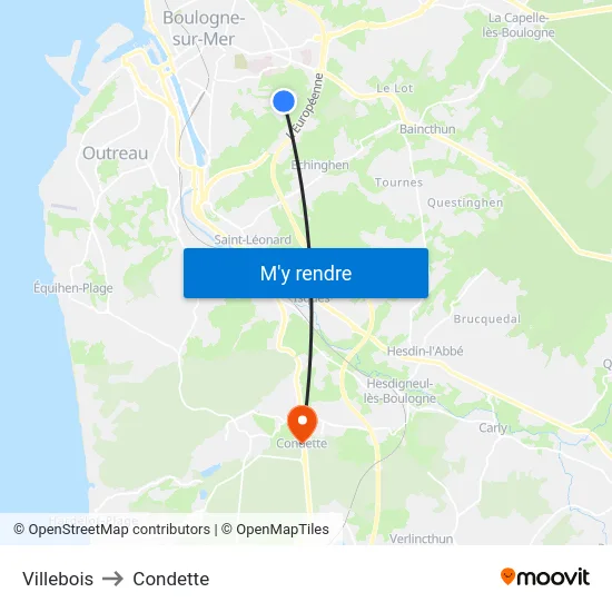Villebois to Condette map