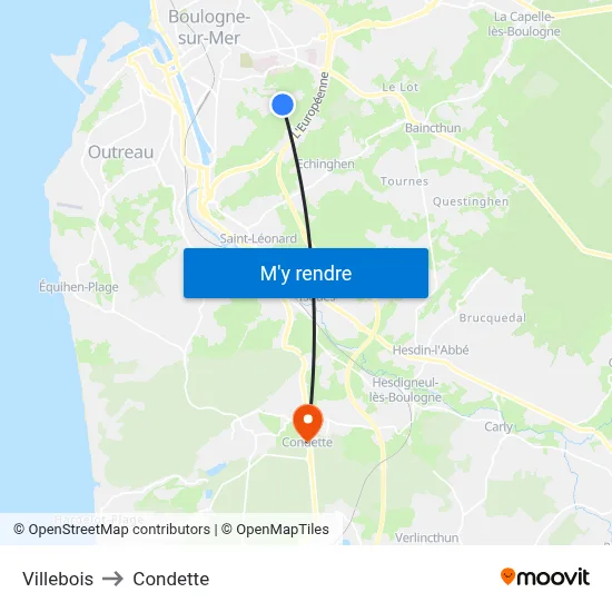 Villebois to Condette map