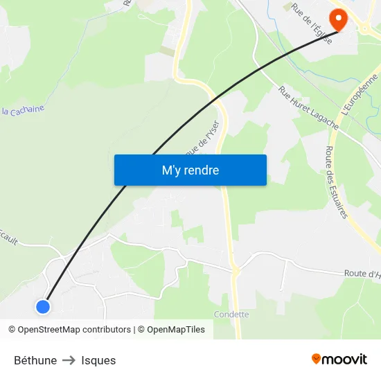 Béthune to Isques map