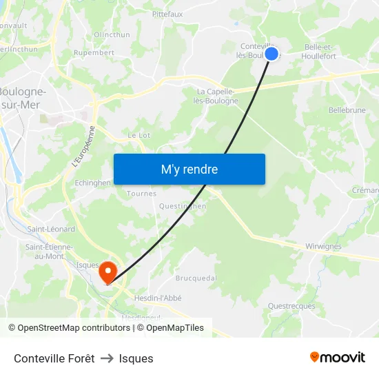 Conteville Forêt to Isques map