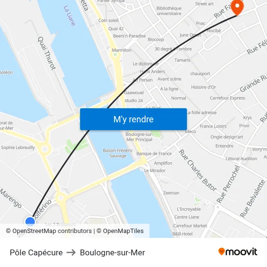 Pôle Capécure to Boulogne-sur-Mer map