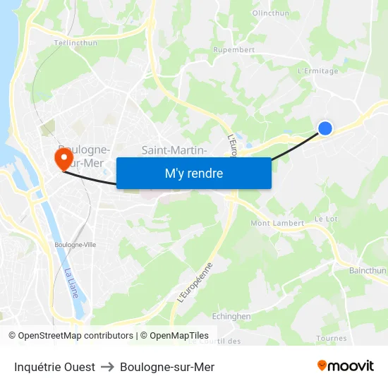 Inquétrie Ouest to Boulogne-sur-Mer map