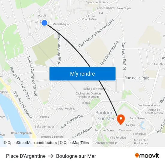 Place D'Argentine to Boulogne sur Mer map