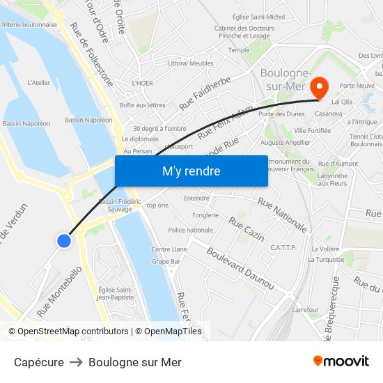 Capécure to Boulogne sur Mer map