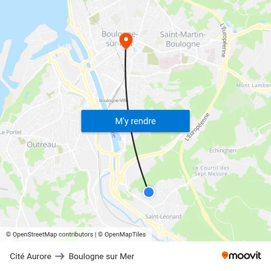 Cité Aurore to Boulogne sur Mer map