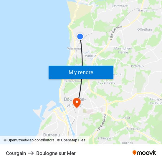 Courgain to Boulogne sur Mer map