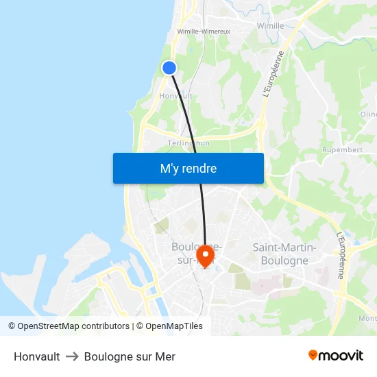 Honvault to Boulogne sur Mer map