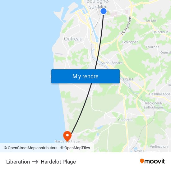 Libération to Hardelot Plage map