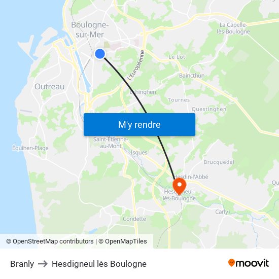 Branly to Hesdigneul lès Boulogne map