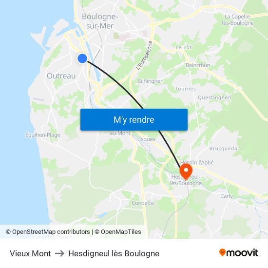 Vieux Mont to Hesdigneul lès Boulogne map