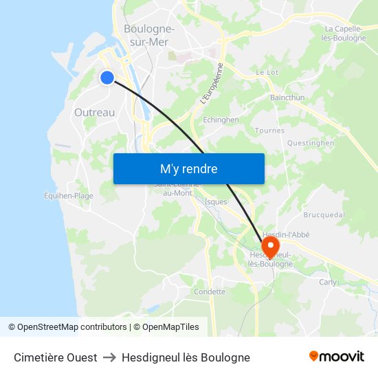 Cimetière Ouest to Hesdigneul lès Boulogne map