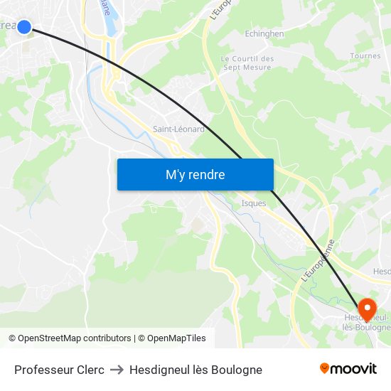 Professeur Clerc to Hesdigneul lès Boulogne map