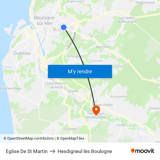 Eglise De St Martin to Hesdigneul lès Boulogne map