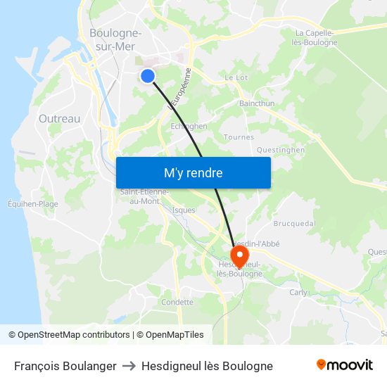 François Boulanger to Hesdigneul lès Boulogne map