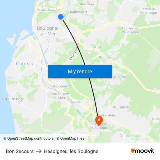 Bon Secours to Hesdigneul lès Boulogne map