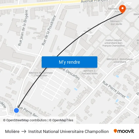 Molière to Institut National Universitaire Champollion map