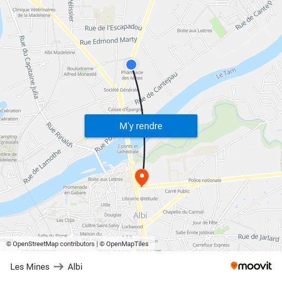 Les Mines to Albi map