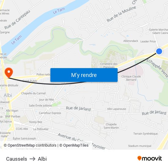 Caussels to Albi map