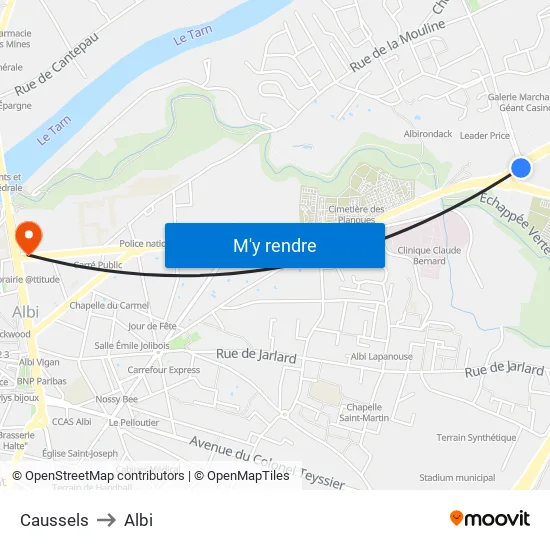 Caussels to Albi map
