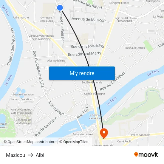 Mazicou to Albi map