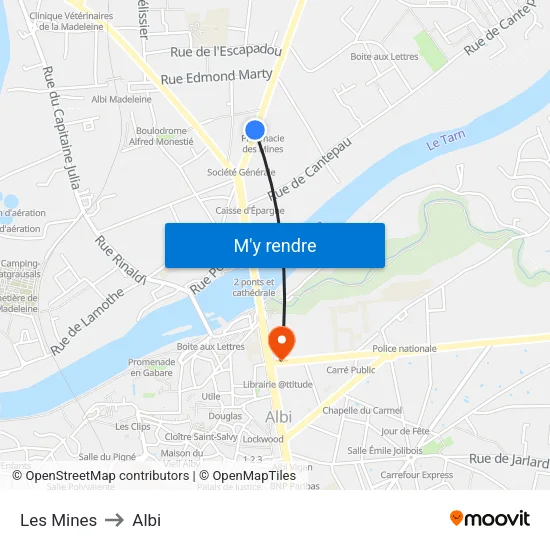 Les Mines to Albi map
