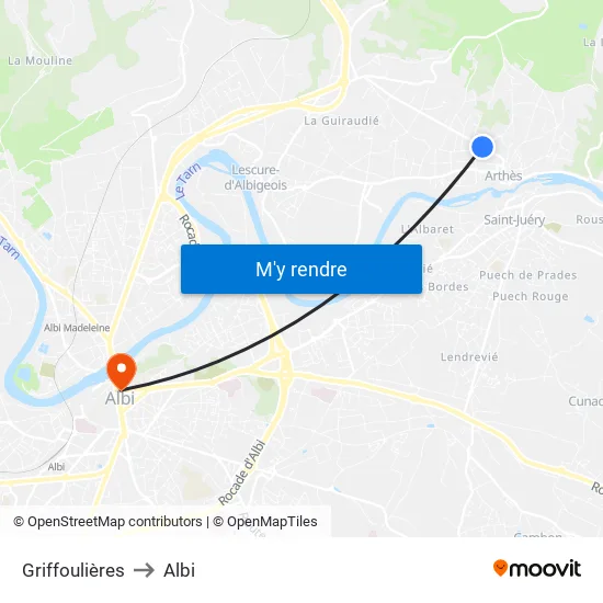 Griffoulières to Albi map