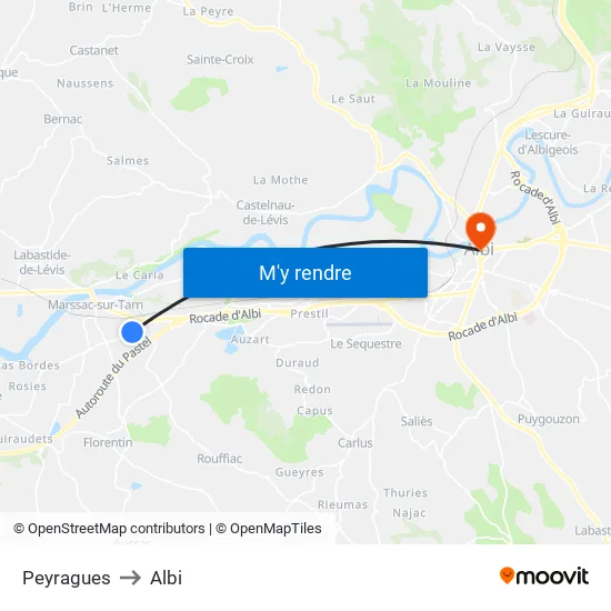 Peyragues to Albi map