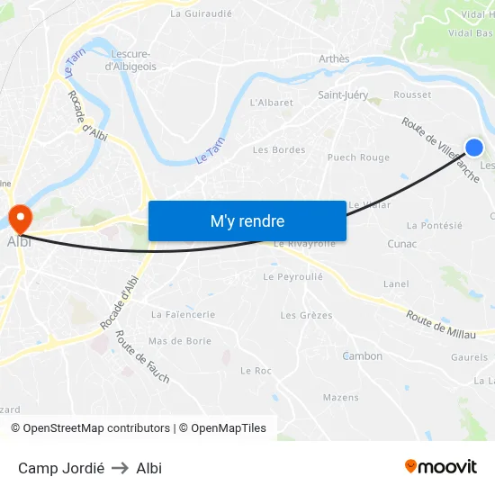 Camp Jordié to Albi map