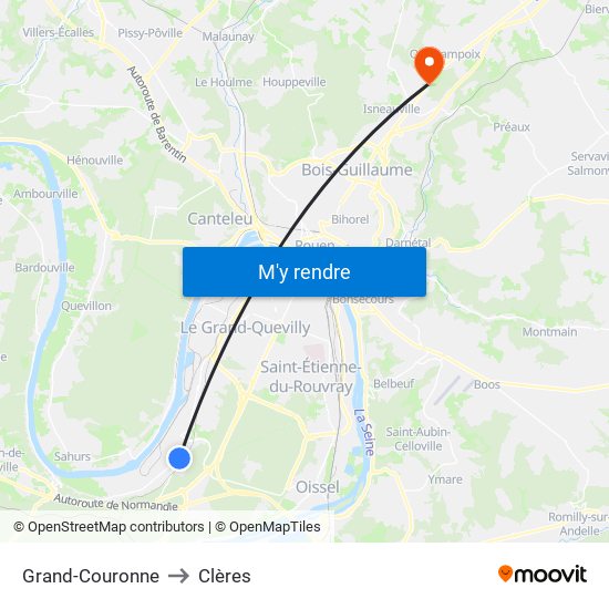 Grand-Couronne to Clères map