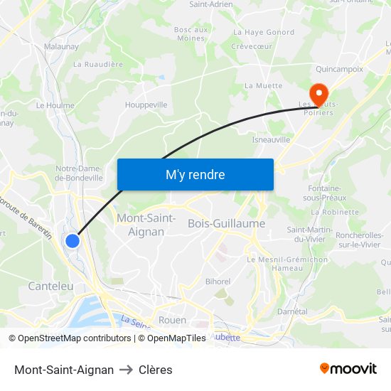 Mont-Saint-Aignan to Clères map