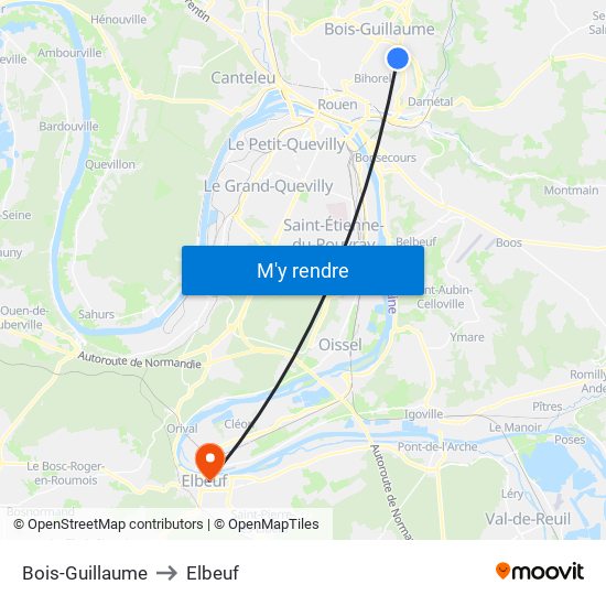 Bois-Guillaume to Elbeuf map