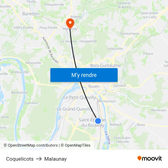 Coquelicots to Malaunay map