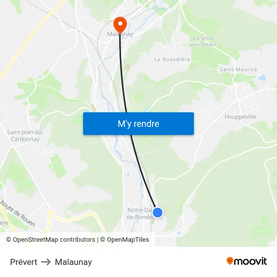 Prévert to Malaunay map